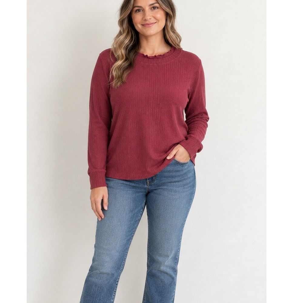Pink Clover Women Dark Pink Long Sleeve Lettuce Hem Knit Top Large New